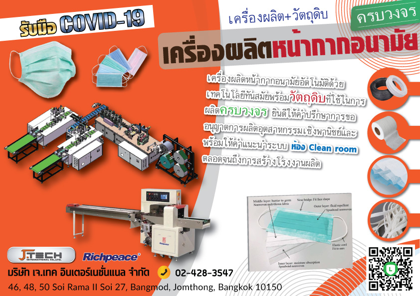 ขายเครื่องผลิตหน้ากากอนามัยพร้อมวัตถุดิบครบวงจร